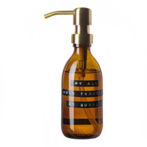 Wellmark Soap Dispenser Amber Glass Bamboo Hand Soap 250ml. May All Your Troubles Be Bubbles. Brass 8720165018093
